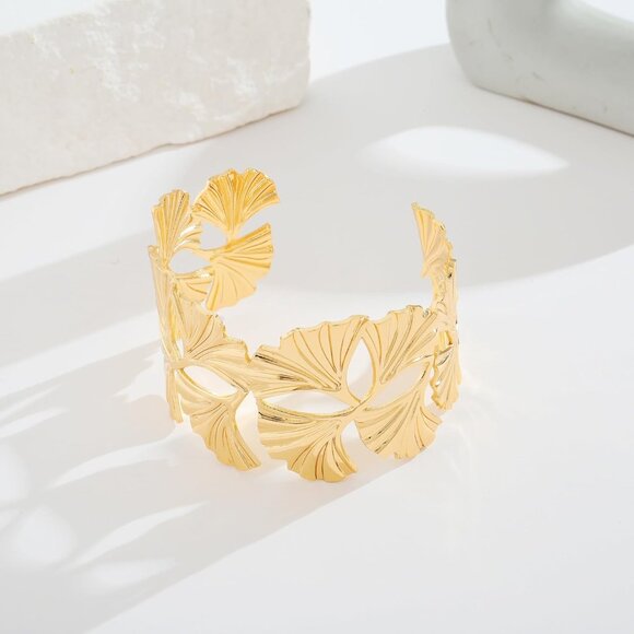 Gold Chunky Cuff Bracelet for Women Copper Gold-Plated Adjustable Statement Jewe - Picture 6 of 9